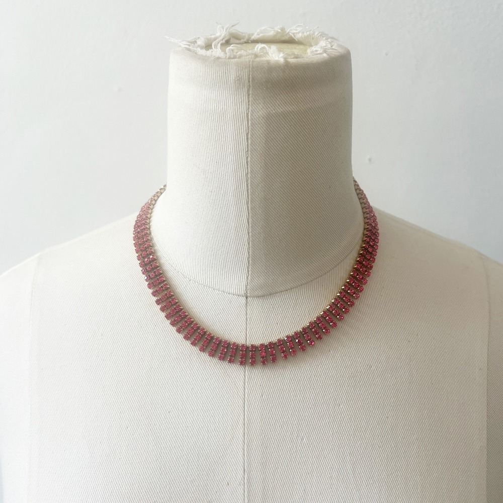 J.Crew Pink Crystal Triple Row Choker Necklace Gold Tone Statement Glam NWT